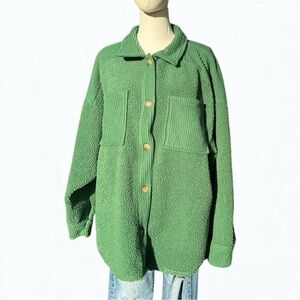 American Eagle Green Teddy Shacket Coat L - Cozy Textured Button Front